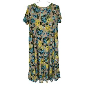 Jacey Lane Floral Midi T Shirt Dress Womens Medium Tan Yellow Swing Cottagecore